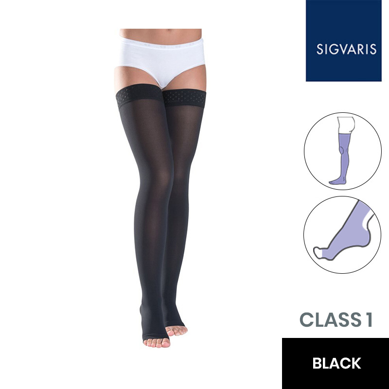 Sigvaris Essential Thermoregulating Unisex Class 1 Thigh Black Compression Stockings with Sensinnov Grip Top and Open Toe