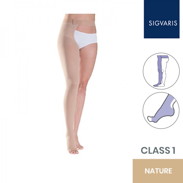 Sigvaris Essential Thermoregulating Unisex Class 1 Thigh Nature Compression Stocking with Waist Attachment and Open Toe