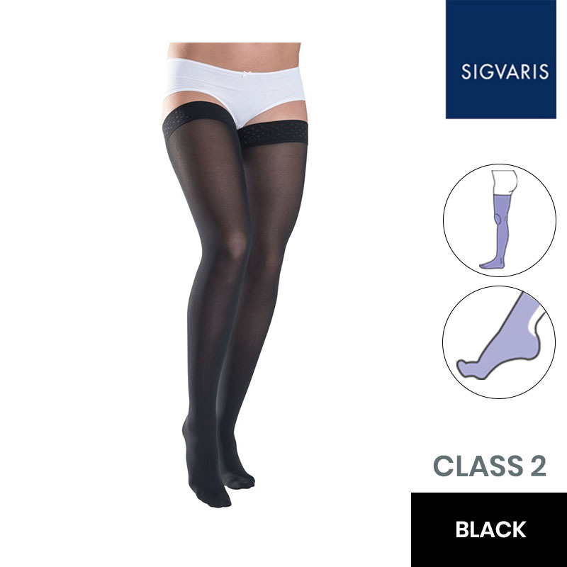 Sigvaris Essential Thermoregulating Unisex Class 2 Thigh Black Compression Stockings with Knobbed Grip