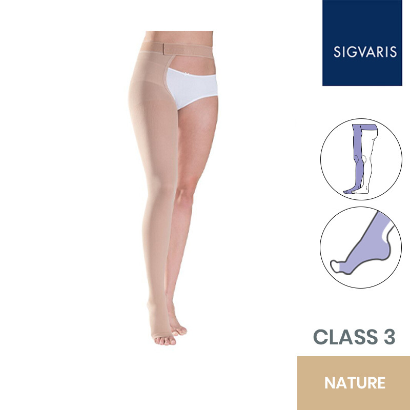 Sigvaris Essential Thermoregulating Unisex Class 3 Thigh Nature Compression Stocking with Waist Attachment and Open Toe