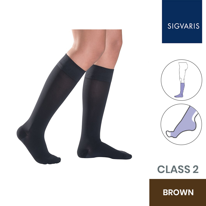 Sigvaris Style Semitransparent Class 2 Knee High Brown Compression Stockings with Open Toe