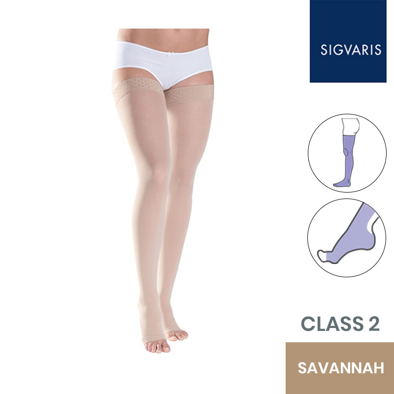 Sigvaris Style Semitransparent Class 2 Thigh Savannah Compression Stockings with Lace Grip and Open Toe