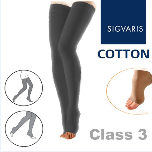 Sigvaris Cotton Class 3 Black Thigh Compression Stockings with Open Toe