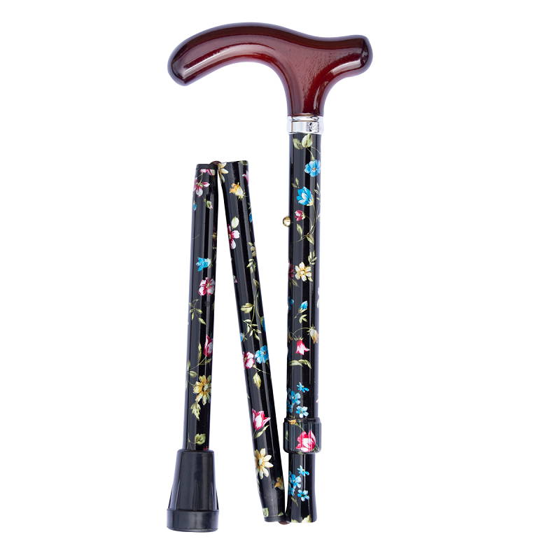 Ultra Petite Black Floral Adjustable Folding Walking Stick Health and