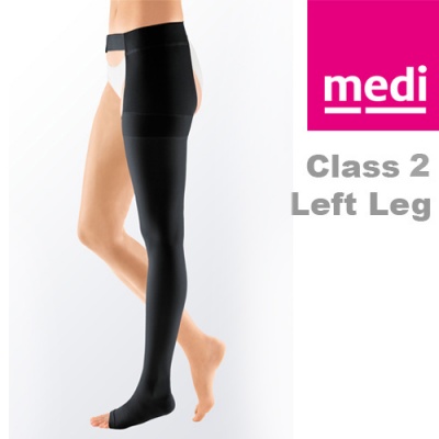 Medi Mediven Plus Class 2 Black Left Leg Stocking Open Toe with Waist Attachment