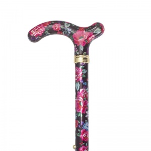 Petite Adjustable Folding Easy-Joint Pink and Black Floral Walking Cane
