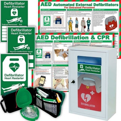 Schiller FRED PA-1 AED Automatic Defibrillator Station Bundle with Wall Cabinet