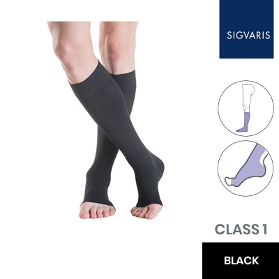 Sigvaris Essential Thermoregulating Unisex Class 1 Knee High Black Compression Stockings with Open Toe