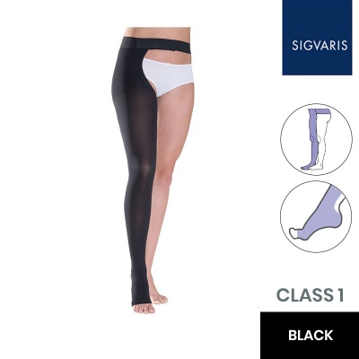 Sigvaris Essential Thermoregulating Unisex Class 1 Thigh Black Compression Stocking with Waist Attachment and Open Toe
