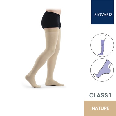 Sigvaris Essential Thermoregulating Unisex Class 1 Thigh Nature Compression Stockings with Knobbed Grip and Open Toe