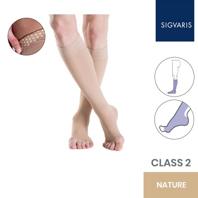 Sigvaris Essential Thermoregulating Unisex Class 2 Knee High Nature Compression Stockings with Knobbed Grip and Open Toe
