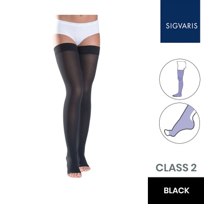 Sigvaris Essential Thermoregulating Unisex Class 2 Thigh Black Compression Stockings with Knobbed Grip and Open Toe
