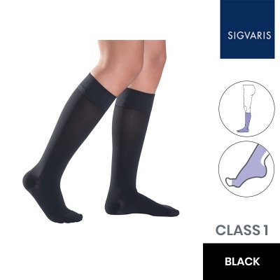 Sigvaris Style Semitransparent Class 1 Knee High Black Compression Stockings with Open Toe