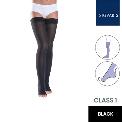 Sigvaris Style Semitransparent Class 1 Thigh Black Compression Stockings with Knobbed Grip and Open Toe