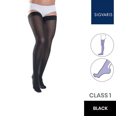 Sigvaris Style Semitransparent Class 1 Thigh Black Compression Stockings with Lace Grip Top