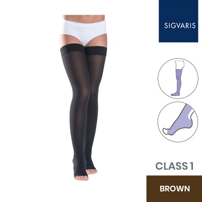 Sigvaris Style Semitransparent Class 1 Thigh Brown Compression Stockings with Lace Grip and Open Toe
