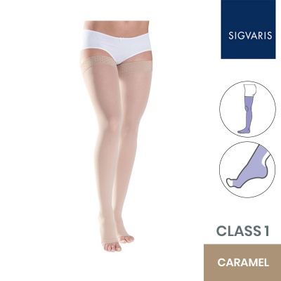 Sigvaris Style Semitransparent Class 1 Thigh Caramel Compression Stockings with Lace Grip and Open Toe