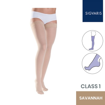 Sigvaris Style Semitransparent Class 1 Thigh Savannah Compression Stockings with Lace Grip