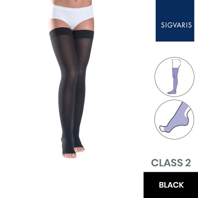 Sigvaris Style Semitransparent Class 2 Thigh Black Compression Stockings with Lace Grip and Open Toe