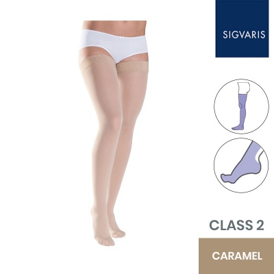 Sigvaris Style Semitransparent Class 2 Thigh Caramel Compression Stockings with Lace Grip