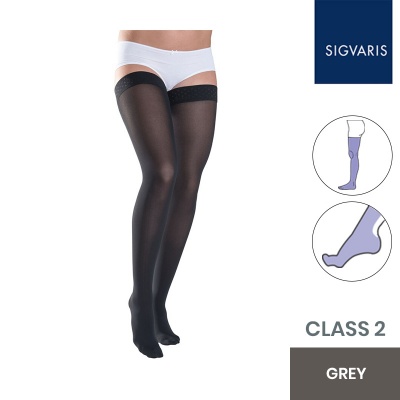 Sigvaris Style Semitransparent Class 2 Thigh Grey Compression Stockings with Lace Grip Top