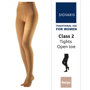 Sigvaris Traditional 500 for Women Class 2 (RAL) Beige Compression Tights with Open Toe