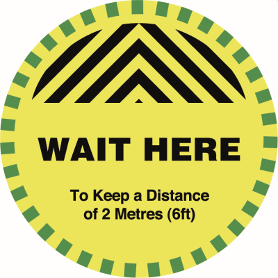 Five-Pack of Social Distancing 'Wait Here' Floor Stickers  30cm Width (Yellow/Green)