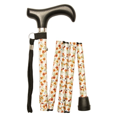 Ziggy Poppies Height-Adjustable Folding Walking Stick with Derby Handle
