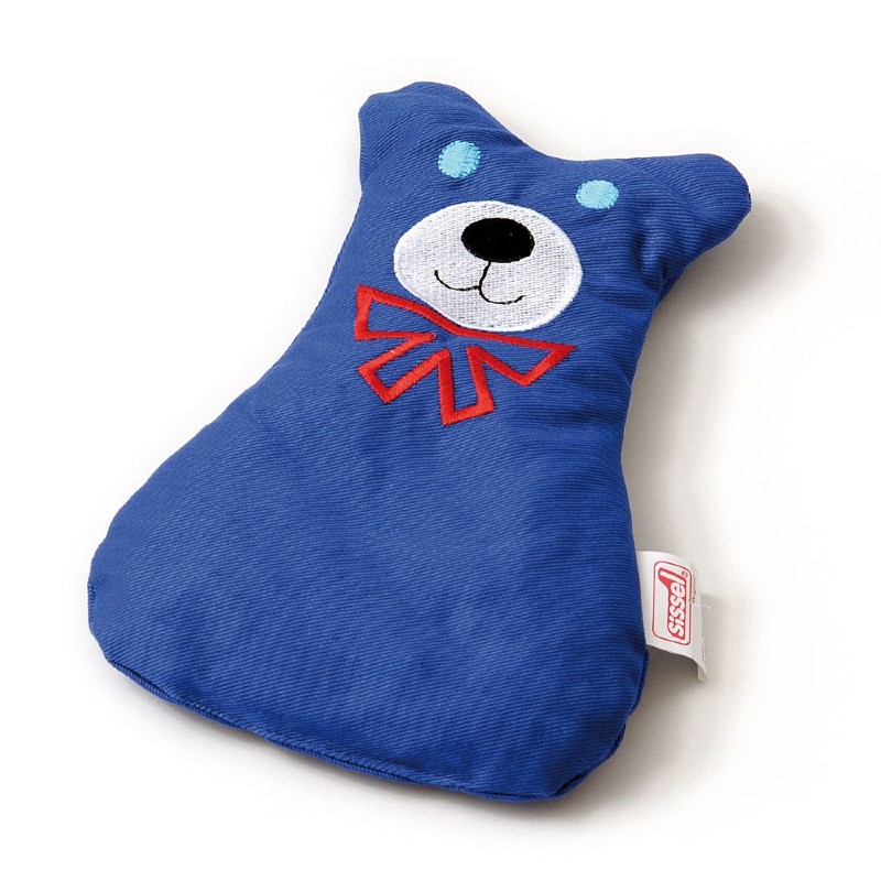 Blue heat pad shaped like a bear wearing a red ribbon